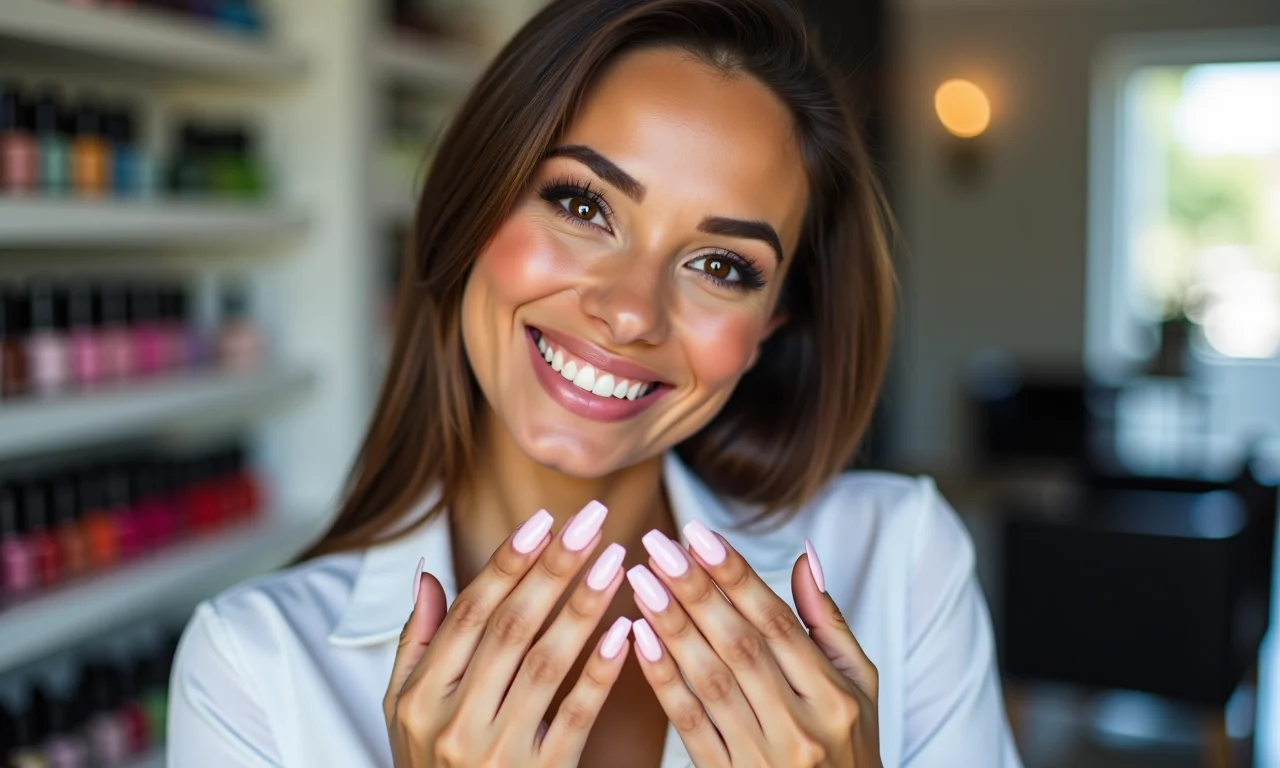 Manicure brasileira sorrindo em salão, mostrando coleção de esmaltes.