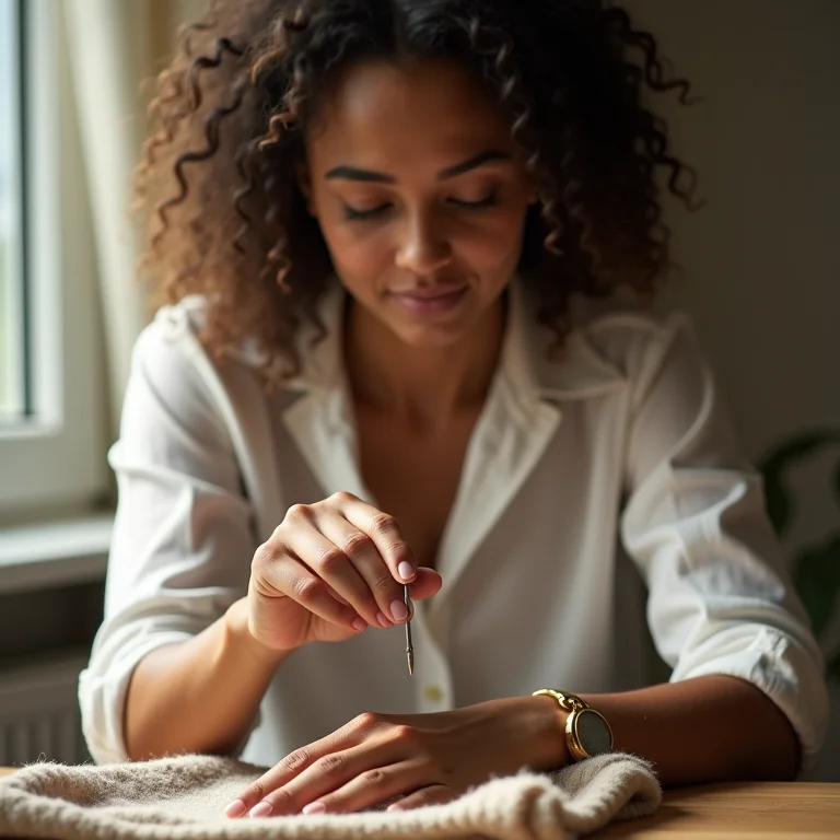 Manutenção das unhas de fibra quadrada: uma mulher lixando as unhas com cuidado.