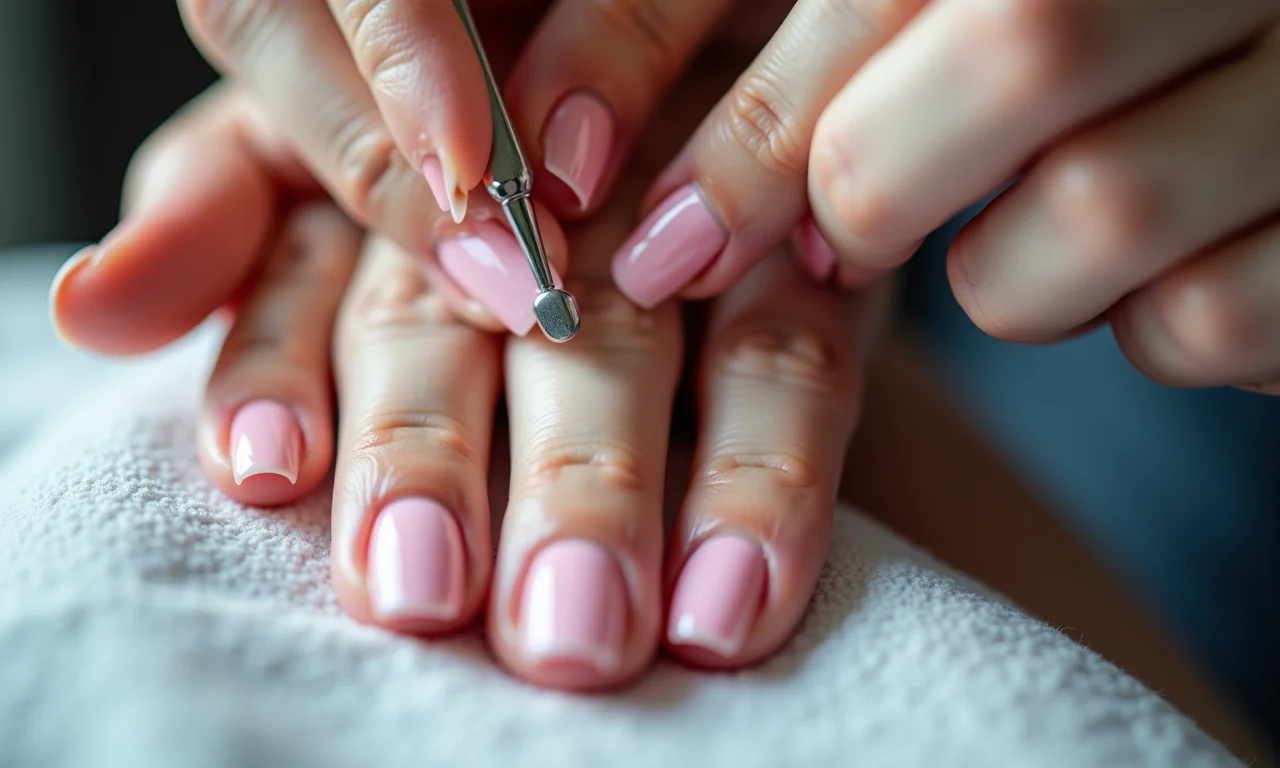 Manutenção de unhas encapsuladas rosas.