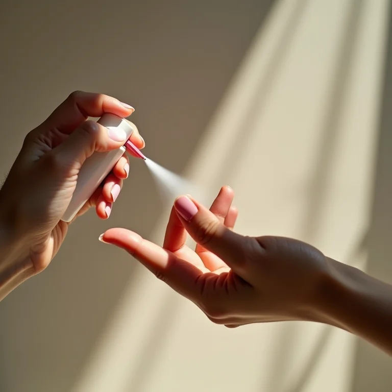 Mão aplicando spray secante em unhas recém-pintadas.