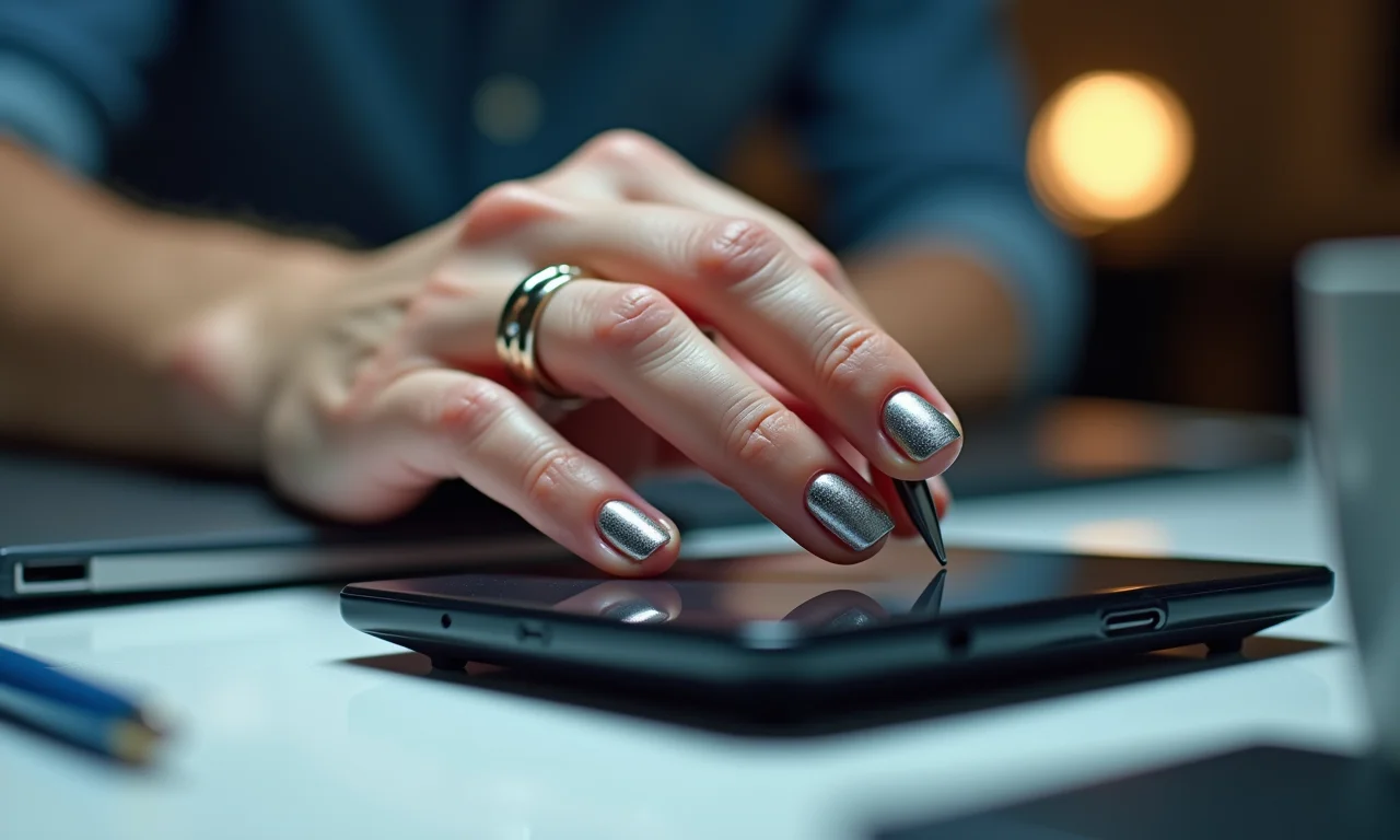 Mão com esmalte metálico em mesa moderna com gadgets tecnológicos.