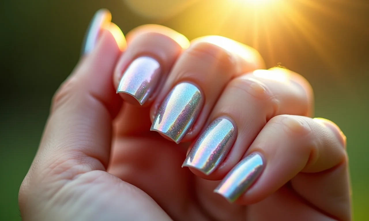 Mão de mulher mostrando esmalte holográfico sob a luz do sol.