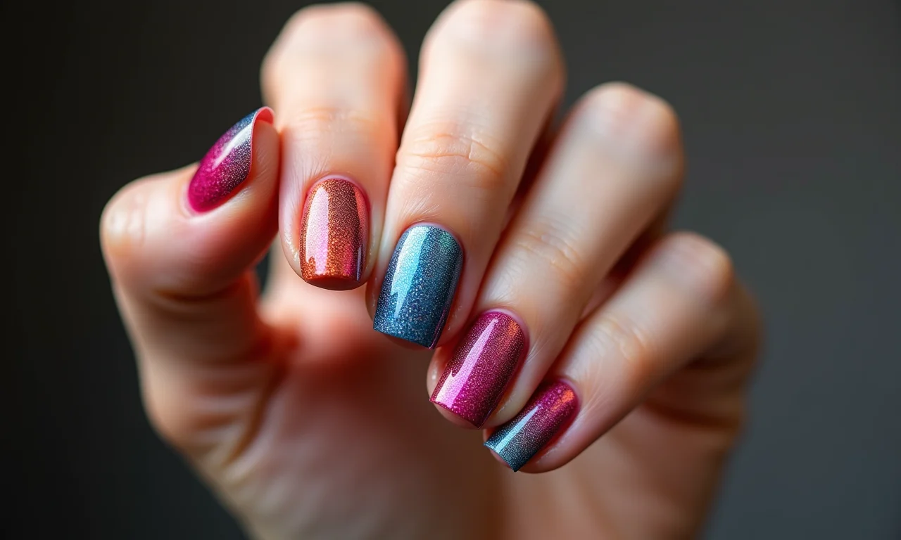 Mão de mulher mostrando nail art 3D texturizada, cores vibrantes.