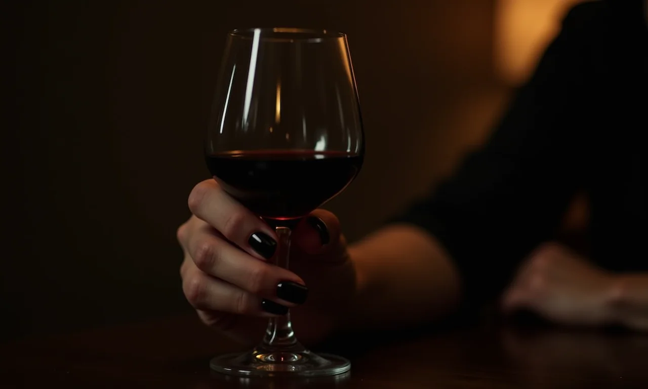 Mão feminina com esmalte escuro segurando uma taça de vinho.