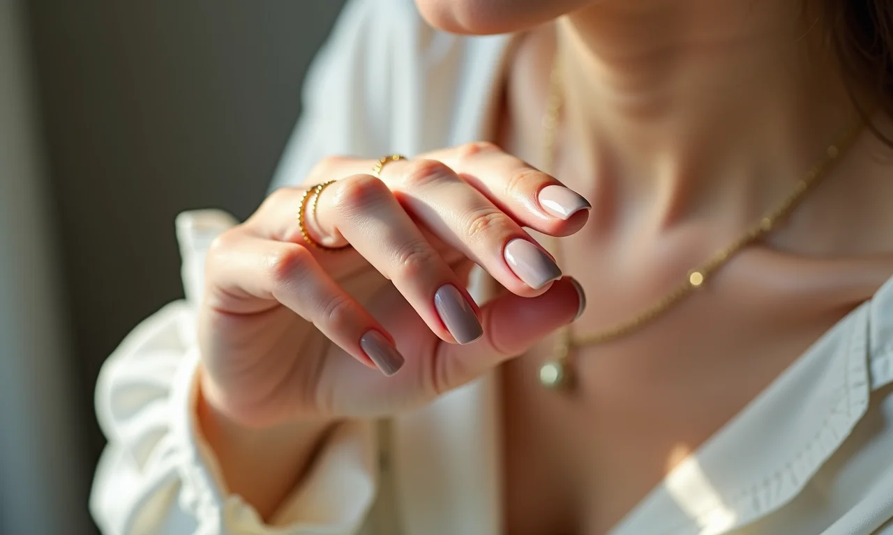 Mão feminina com esmalte nude elegante e joia minimalista.