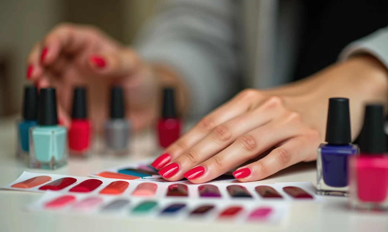 Mão feminina escolhendo cor de esmalte com amostras.