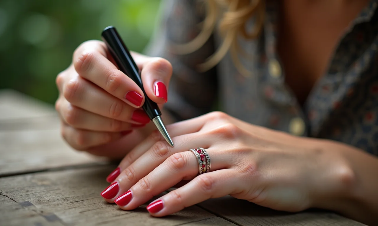 Mão feminina pintando unhas com bolinhas coloridas.
