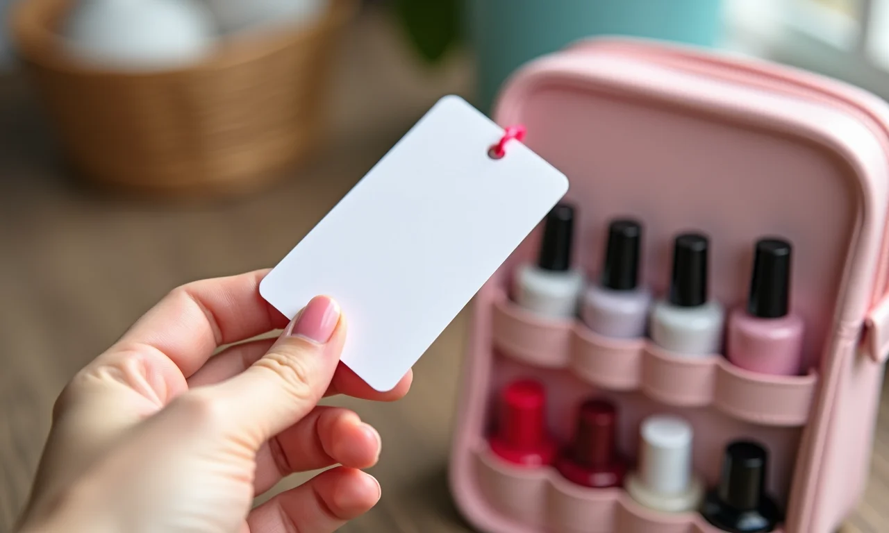 Mão segurando etiqueta de preço ao lado de bolsa porta esmaltes.