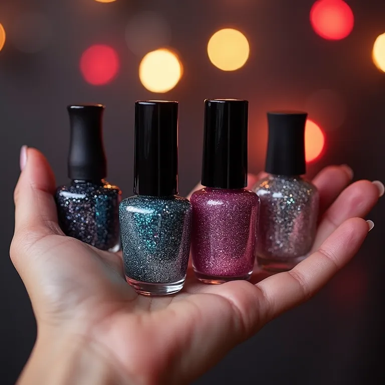 Mão segurando frascos de esmalte glitter com luzes de festa ao fundo.