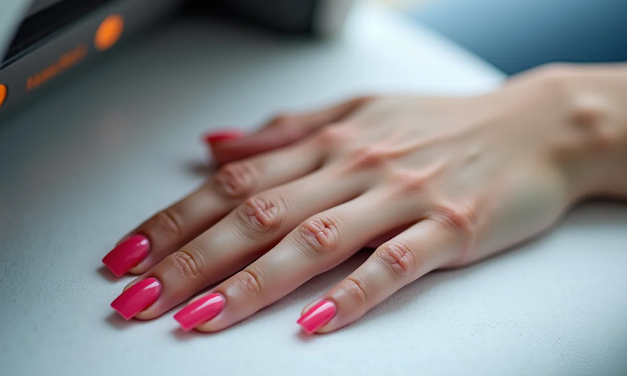 Mão sob secador de esmalte, sem danos visíveis.