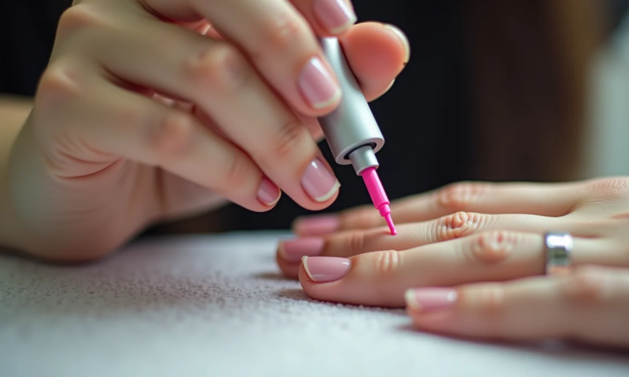 Mãos aplicando esmalte com precisão em manicure.