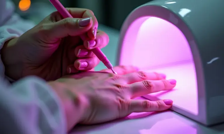 Mãos aplicando esmalte em gel sob luz UV/LED.