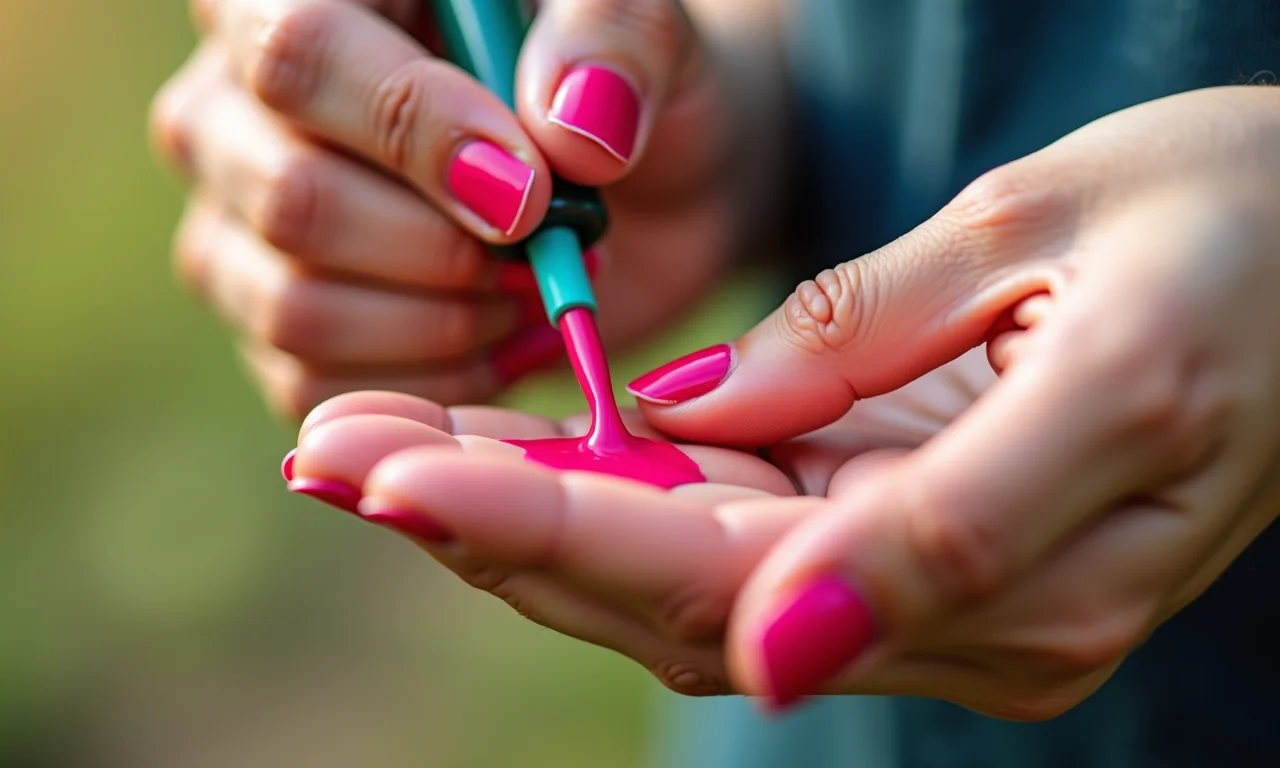 Mãos aplicando esmalte hipoalergênico colorido em unhas saudáveis.