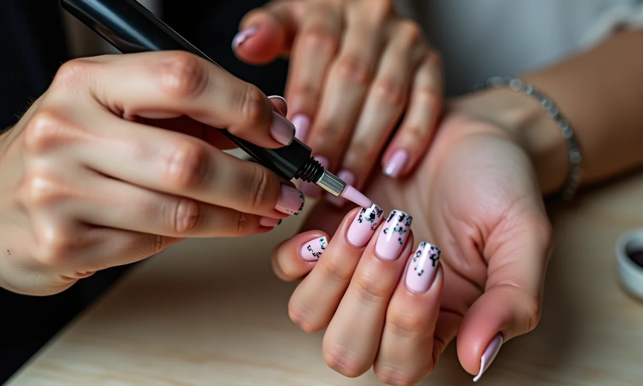 Mãos aplicando esmalte na vida real, inspiradas em designs de jogos virtuais.