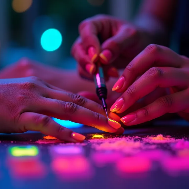 Mãos aplicando esmalte neon colorido.
