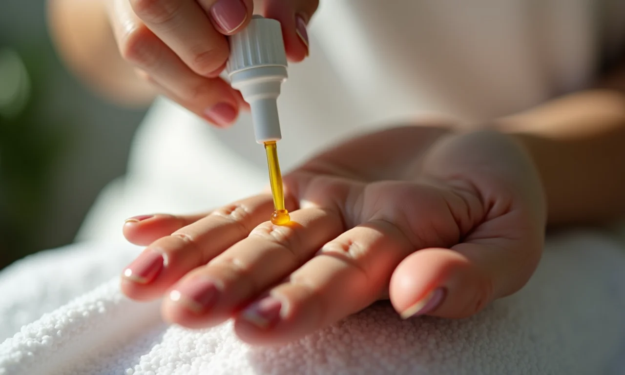 Mãos aplicando óleo de cutícula após esmalte terapêutico.