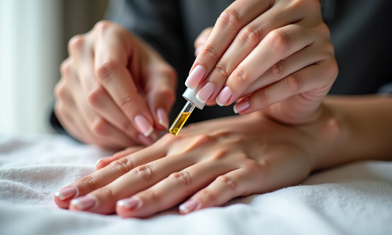 Mãos aplicando óleo de cutícula em unhas alongadas, demonstrando os cuidados necessários.