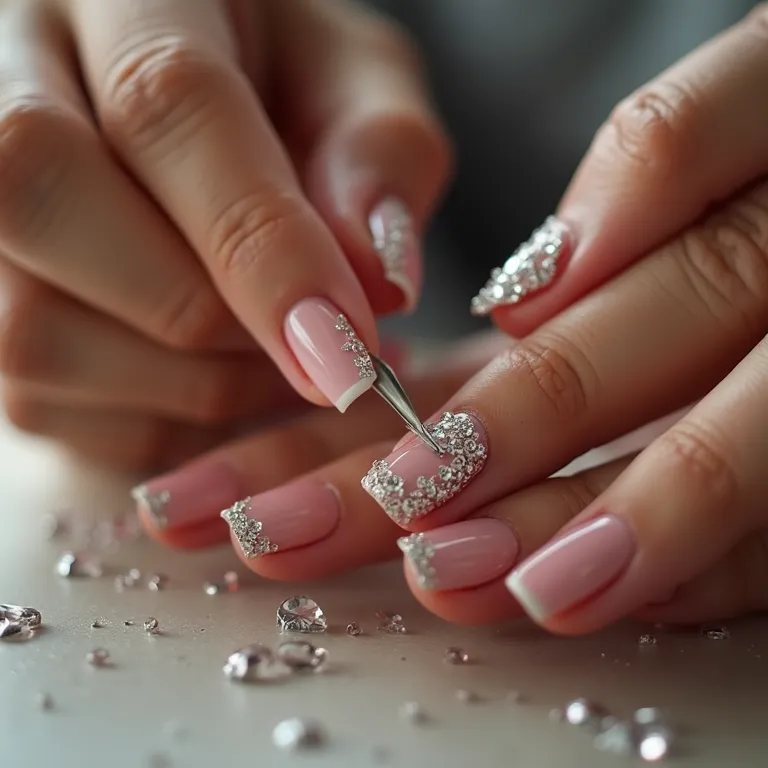 Mãos aplicando pedrarias em unhas com pinça.