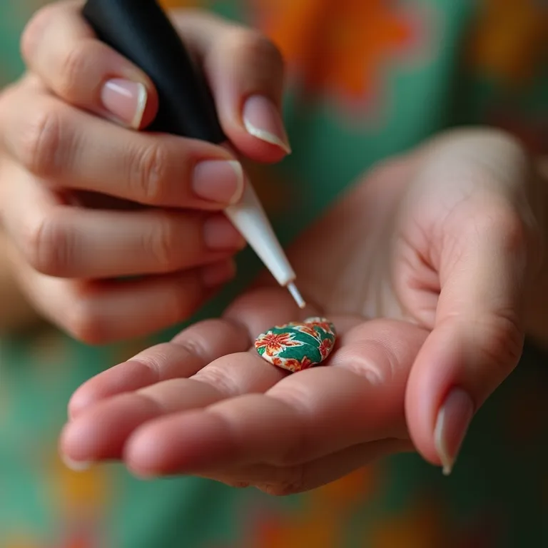 Mãos aplicando top coat em unhas recém decoradas.
