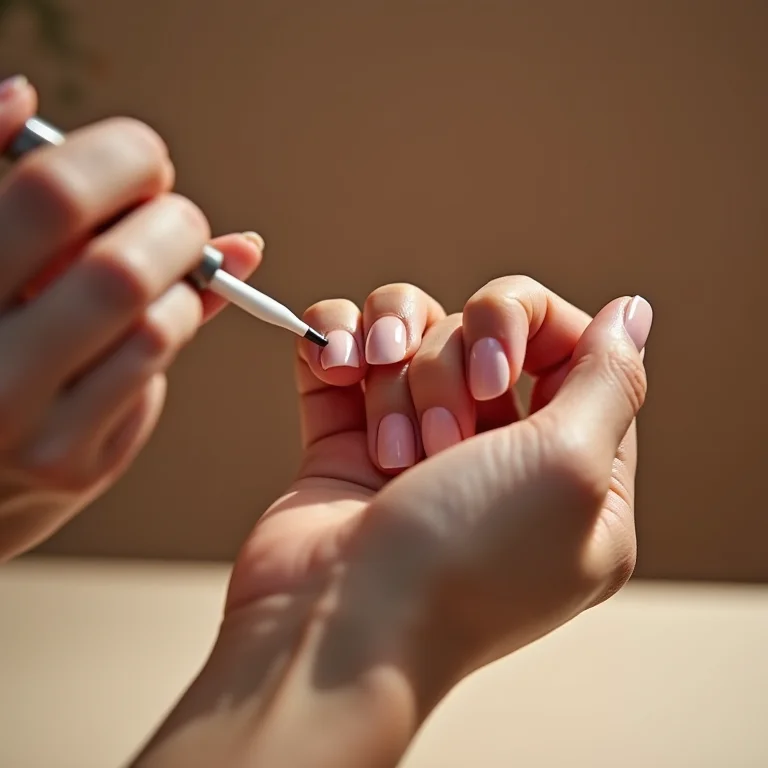 Mãos aplicando top coat em unhas recém-feitas.