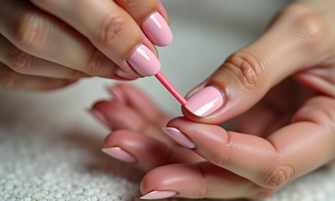 Mãos aplicando top coat para maior durabilidade do esmalte.