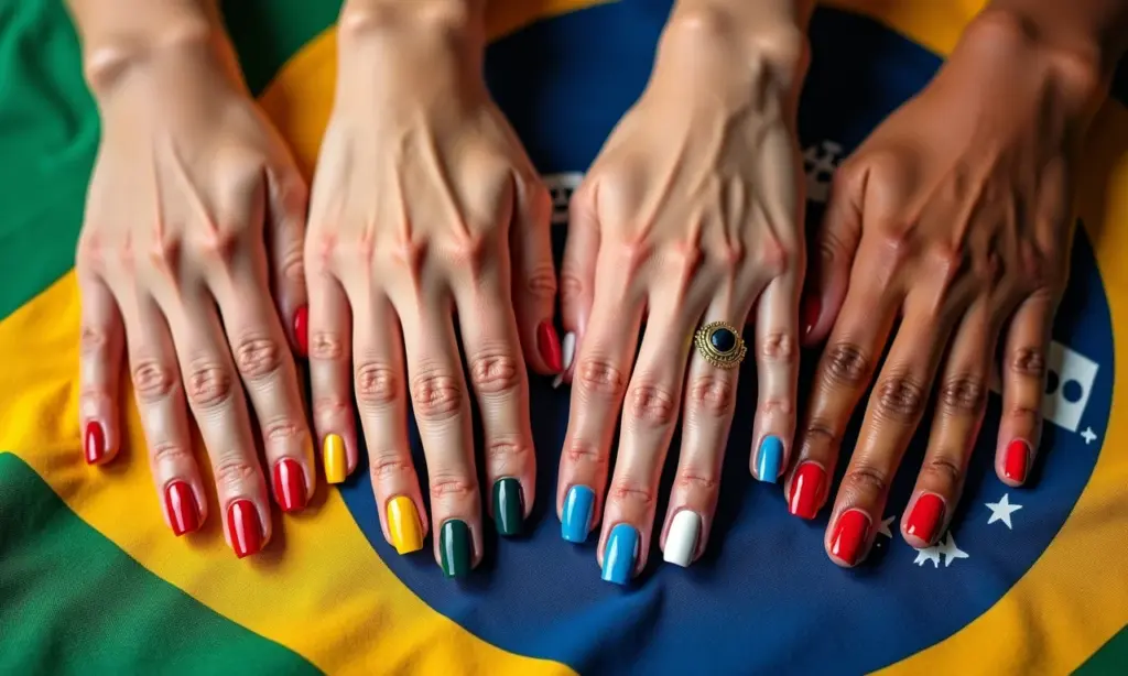 Mãos com diferentes cores de esmalte sobre tecido brasileiro colorido.