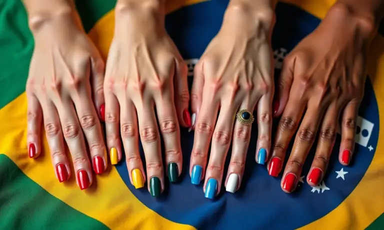 Mãos com diferentes cores de esmalte sobre tecido brasileiro colorido.