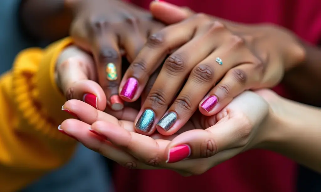 Mãos com diferentes tons de pele exibindo esmaltes coloridos e nail art detalhada.