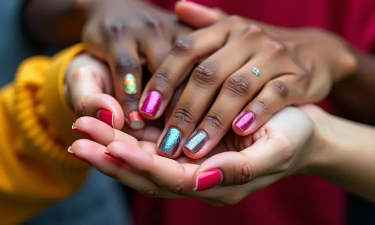 Mãos com diferentes tons de pele exibindo esmaltes coloridos e nail art detalhada.