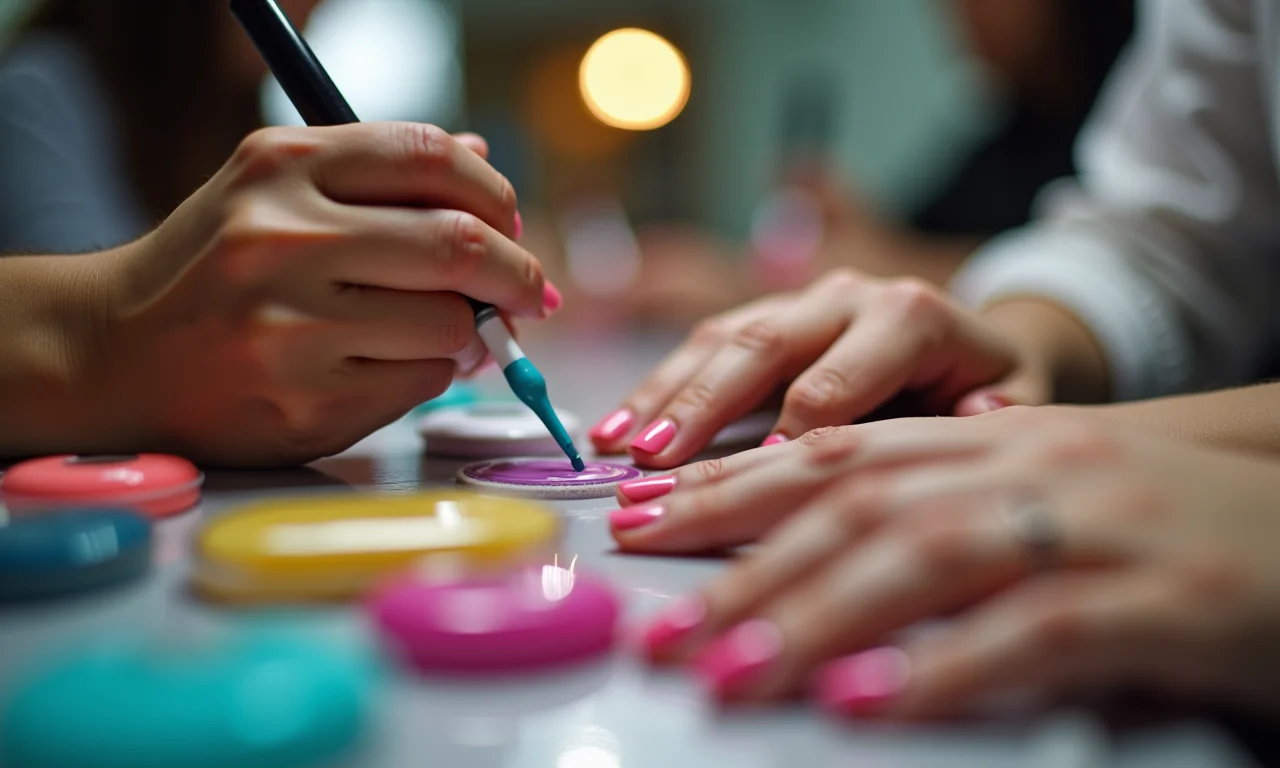 Mãos com diversos esmaltes coloridos em salão de beleza brasileiro.