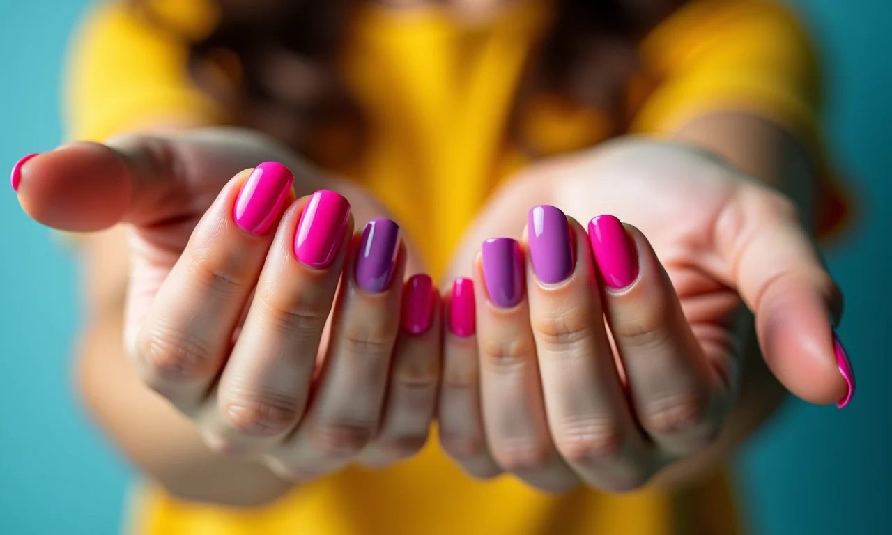 Mãos com esmalte colorido vibrante e alegre.