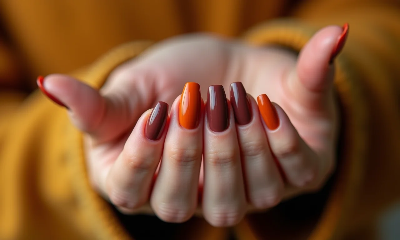 Mãos com esmalte matte em tons de outono, foco suave.