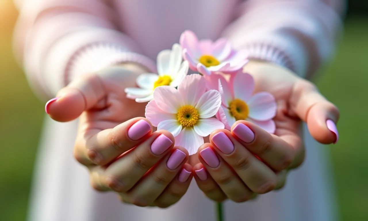 Mãos com esmalte pastel segurando flores em um dia ensolarado.