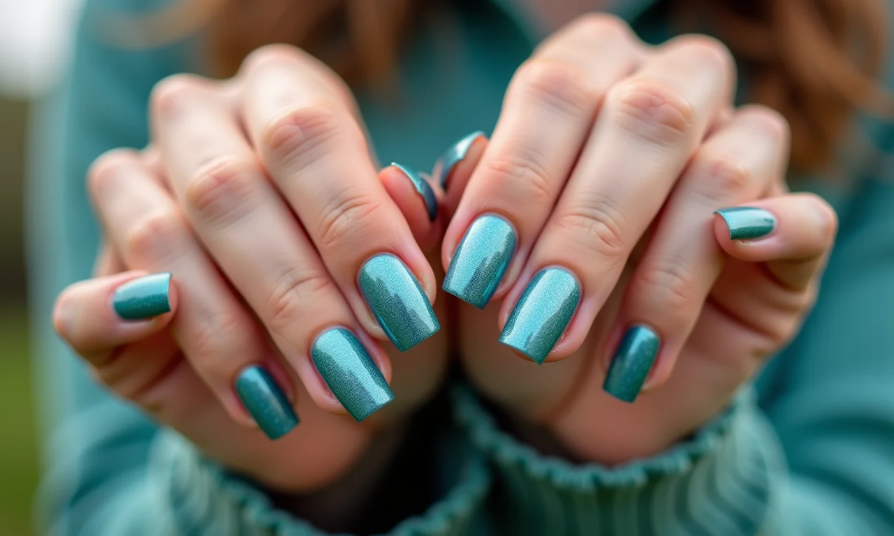 Mãos com esmalte sereia duradouro, mostrando o mínimo de desgaste após uma semana.