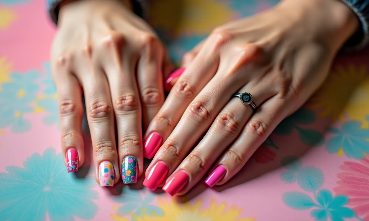 Mãos com nail art moderna e colorida em estilo Tumblr.