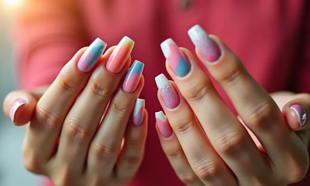 Mãos com unhas de gel decoradas com diversos designs.