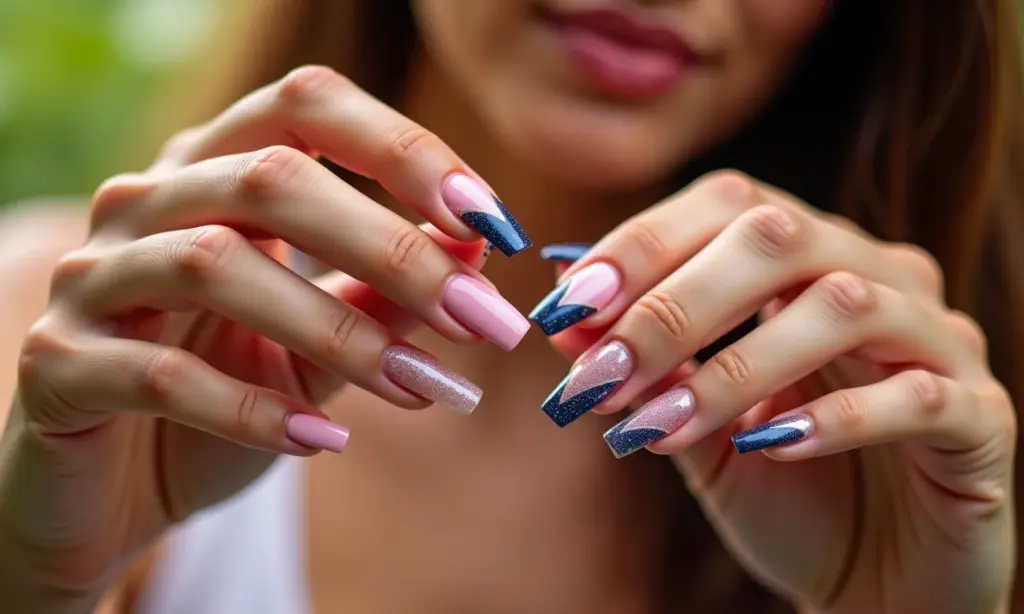 Mãos com unhas de gel decoradas em estilo brasileiro.