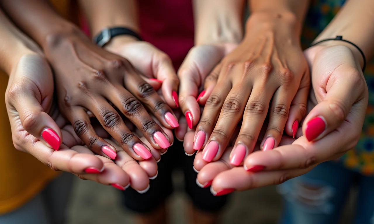 Mãos com unhas decoradas em diversos estilos, representando a diversidade brasileira.