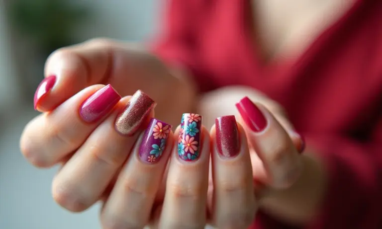 Mãos com unhas decoradas em esmalteria, representando a criação de banners de divulgação.