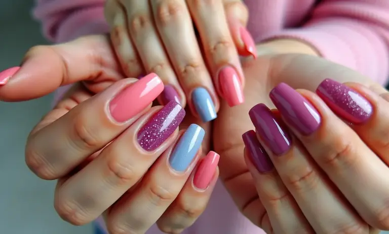 Mãos com unhas decoradas em gel com diferentes designs.