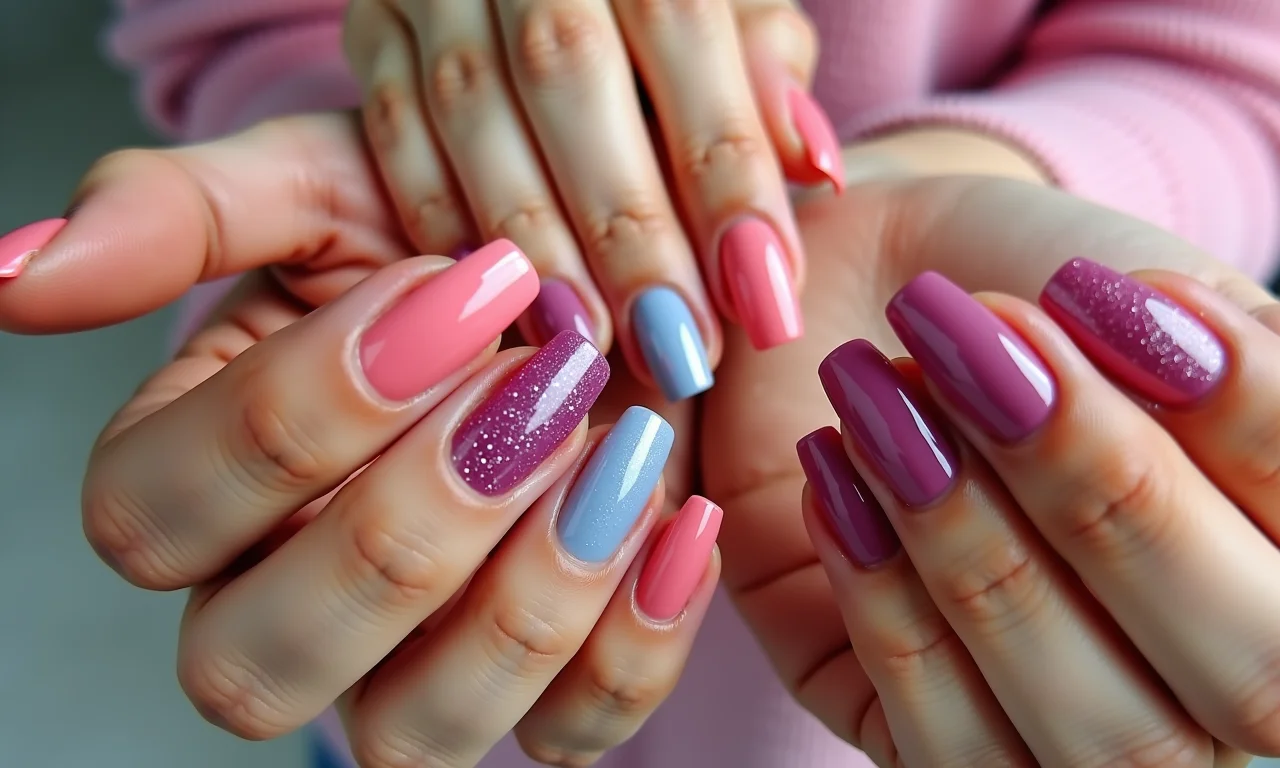 Mãos com unhas decoradas em gel com diferentes designs.