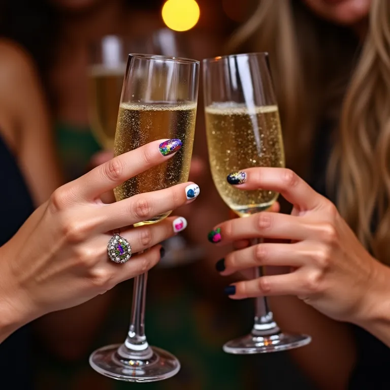 Mãos com unhas decoradas para festa noturna brindando com champanhe.