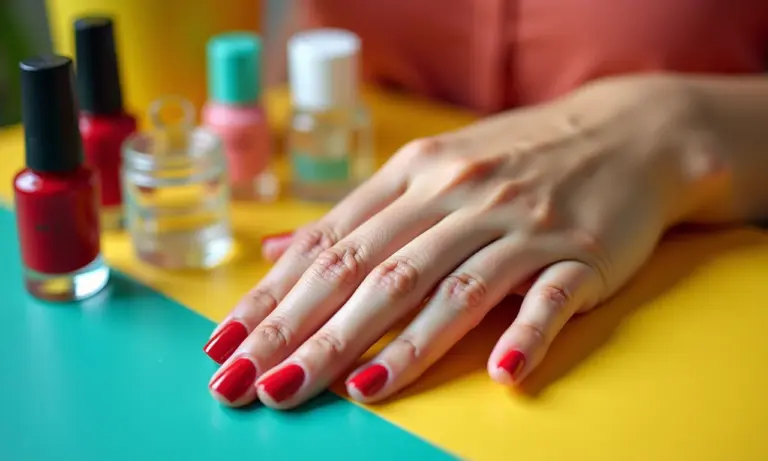 Mãos com unhas manchadas por esmalte e produtos de cuidado ao lado.