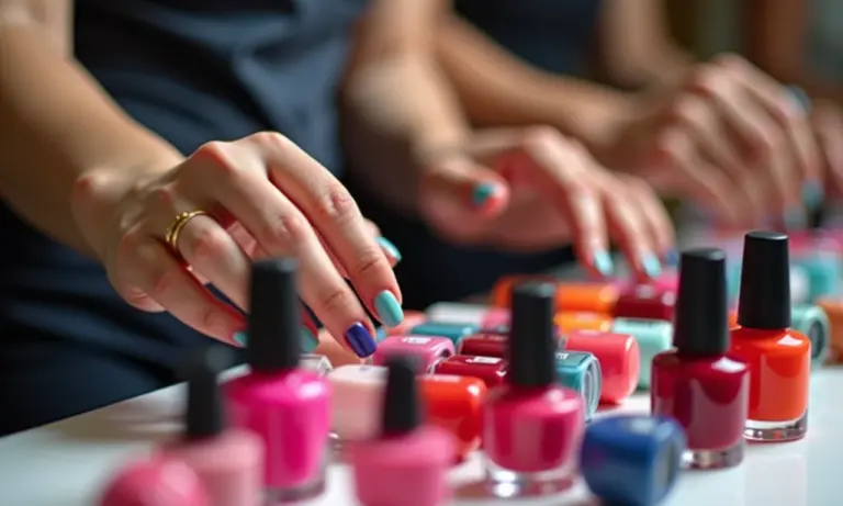 Mãos de diferentes tons aplicando esmaltes coloridos.