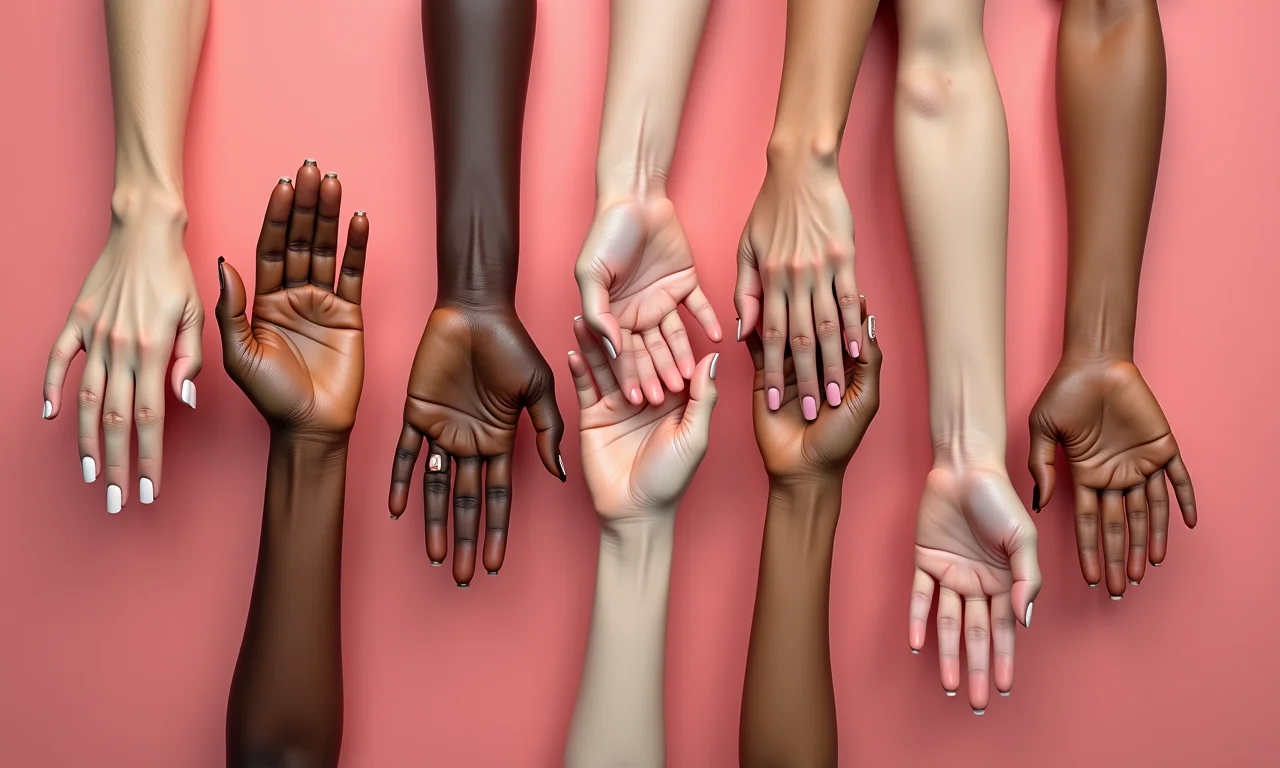 Mãos de diferentes tons de pele com esmaltes variados e paleta de cores.