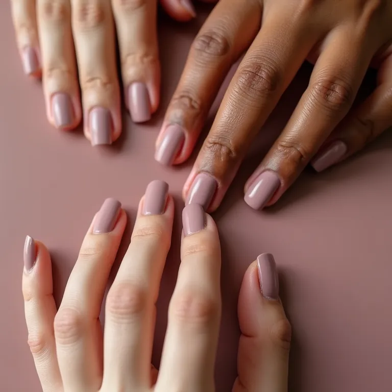 Mãos diversas aplicando base fosca para esmalte, mostrando unhas com diferentes tons de pele.