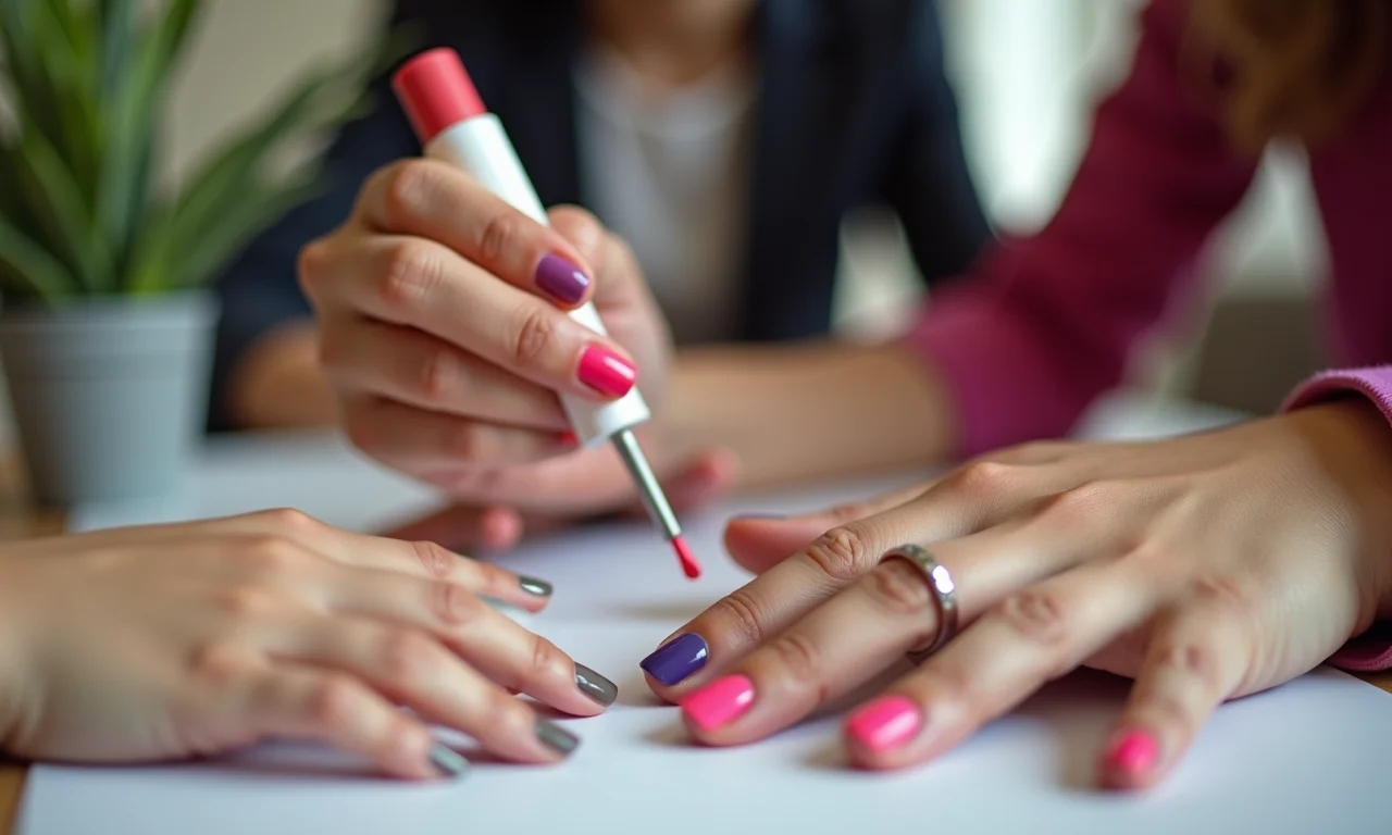 Mãos diversas aplicando esmalte colorido.