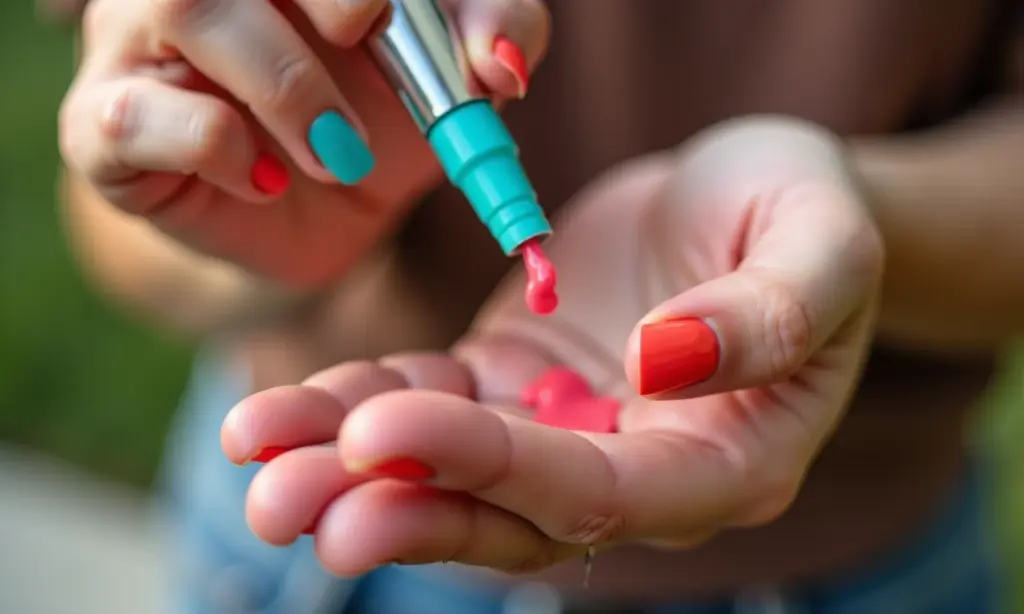Mãos diversas aplicando esmalte hipoalergênico colorido em ambiente vibrante.