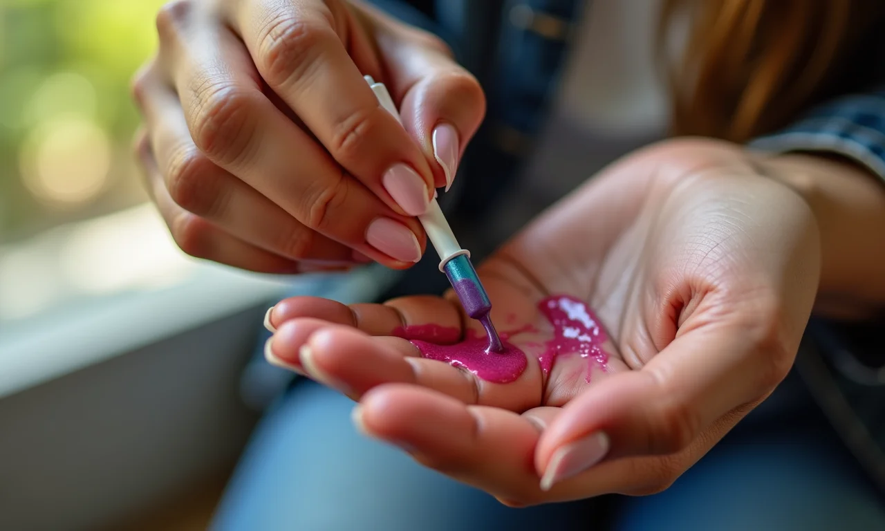 Mãos diversas aplicando esmalte terapêutico colorido.