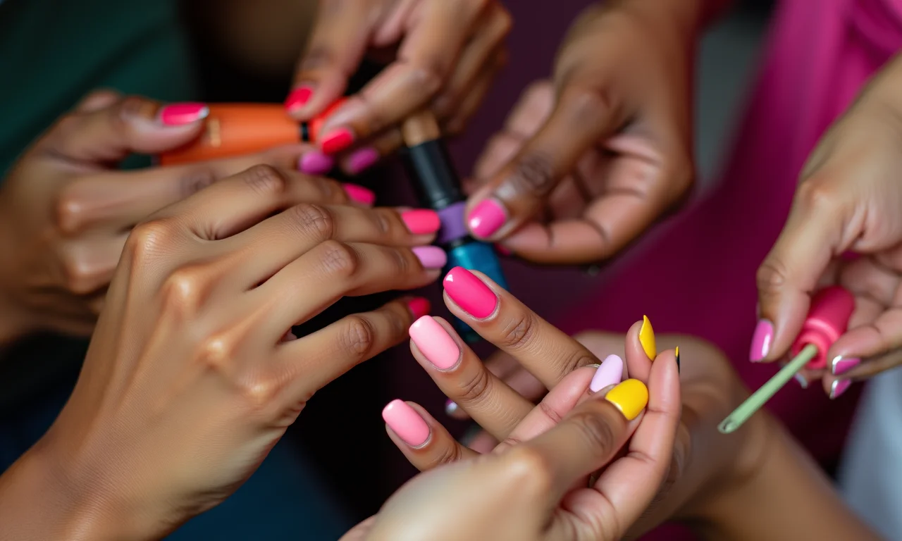 Mãos diversas aplicando esmaltes coloridos.